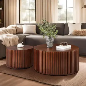 Nesting Round Wood Coffee Table Set of 2, Handcraft Drum Side Table End Table for Living Room, Modern Circle Wooden End Table Set for Small Space, No Need Assembly