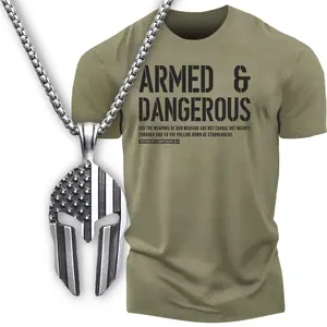 Gift Set for Men Armed and Dangerous Funny Workout Gym T-Shirt with Spartan Warrior Pendant Soft Cotton Menswear