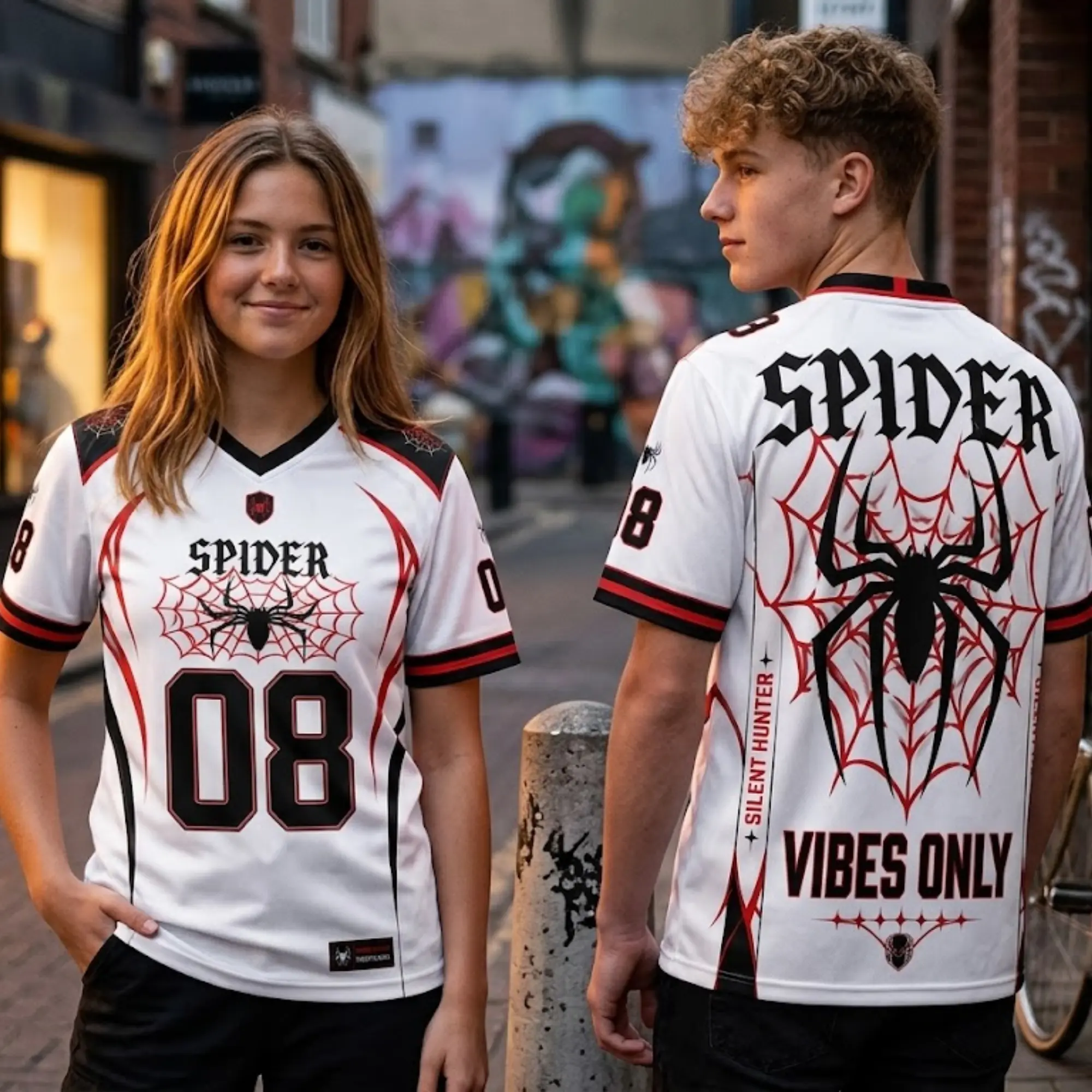 Men’s Spider Web Graphic Sports Jersey, White Black Red V Neck Short Sleeve Athletic Shirt, Number 08 Oversized Streetwear Top, Lightweight Breathable Mesh Team Uniform Style Tee for Men, Halloween Party, Casual Wear, Hip Hop Outfit and Gifts