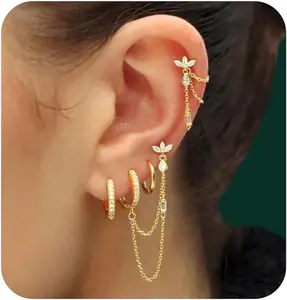 6PCS Earring Stacks Cartilage Chain Helix Piercing Sets For Women Flat Back Multiple Piercing Dangle Huggie Hoop Stackable Prom Gift Jewelry
