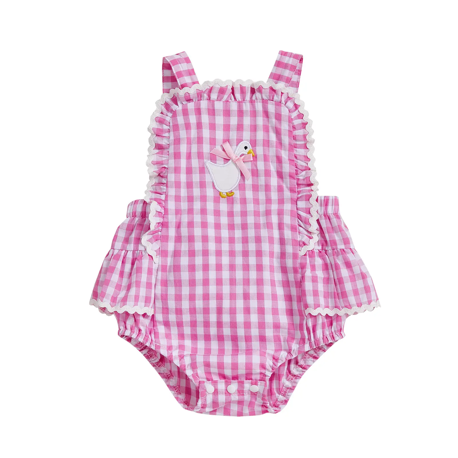 Infant Baby Girl Silly Goose Gingham Romper Overalls Outfit Ruffles Trim Sleeveless Onesie Bodysuit Newborn Farm Summer Clothes