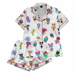 Dandy’s World Silky Pajamas Set, Roblox Dandy World Fan Gift, Gaming Satin Sleepwear for Kids & Adults, Cute Cartoon Gamer Nightwear