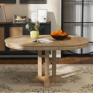 Extendable round table dining set and 4 cushioned chairs Farmhouse style dining table set for kitchen and dining room