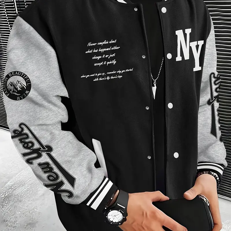 Men's Street Vintage Polyester Baseball Jacket - Raglan Sleeves, Color Blocking, Baseball Collar, Snap Closure, Multi-Location Letter Print, Ribbed Contrast Piping, Casual Everyday Outerwear