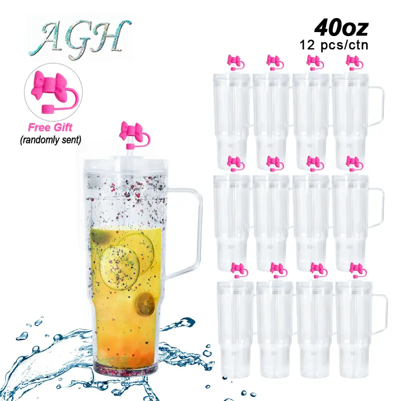 AGH 12pcs 40oz Snow Globe Acrylic Handle Tumbler Double Wall Plastic Cup with Silicone Straw Topper/Cover for Glitter DIY Gift Drinkware Water Bottles
