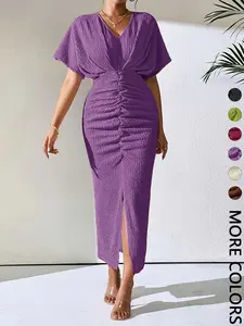 Women's Chocolate Ruched Midi Dress Casual Wear V-Neck Short Sleeve Twist Front High Split Bodycon Dress
