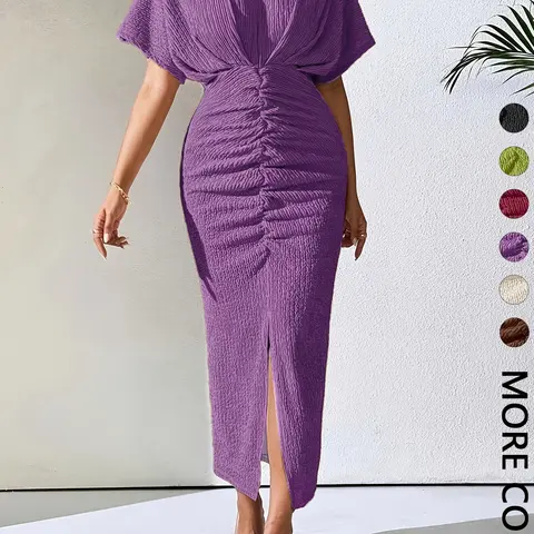 Women's V-Neck Twist-Front Ruched Bodycon Fitted Midi Dress, 1 Count Short-Sleeve High-Slit Stretchy Dress, Elegant Chic Casual Style
