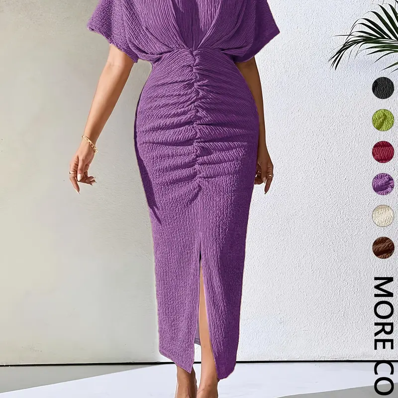 Women's V-Neck Twist-Front Ruched Bodycon Fitted Midi Dress, 1 Count Short-Sleeve High-Slit Stretchy Dress, Elegant Chic Casual Style