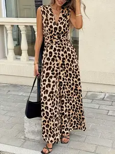Sleeveless V-Neck Leopard Print Wide Leg Jumpsuit