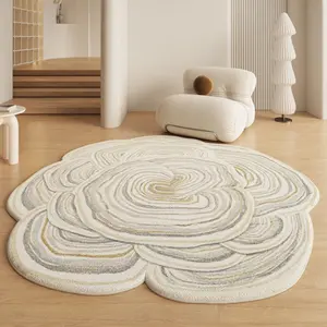 1pcCream Style Bedroom Decoration Bedside Carpet Irregular Shape Colored Plush Carpet Flush Soft Striped Carpet Round Floral Cloakroom Dresser Floor Mat Decorative Fluffy Rug Decorative Area Rug