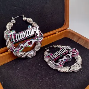 Custom Silver Hoop Earrings with Multi-Color Confetti, Hearts & Swirls – Personalized Name Earrings, 80s Style Statement Jewelry, Girls Gift, Fun Fashion Accessory
