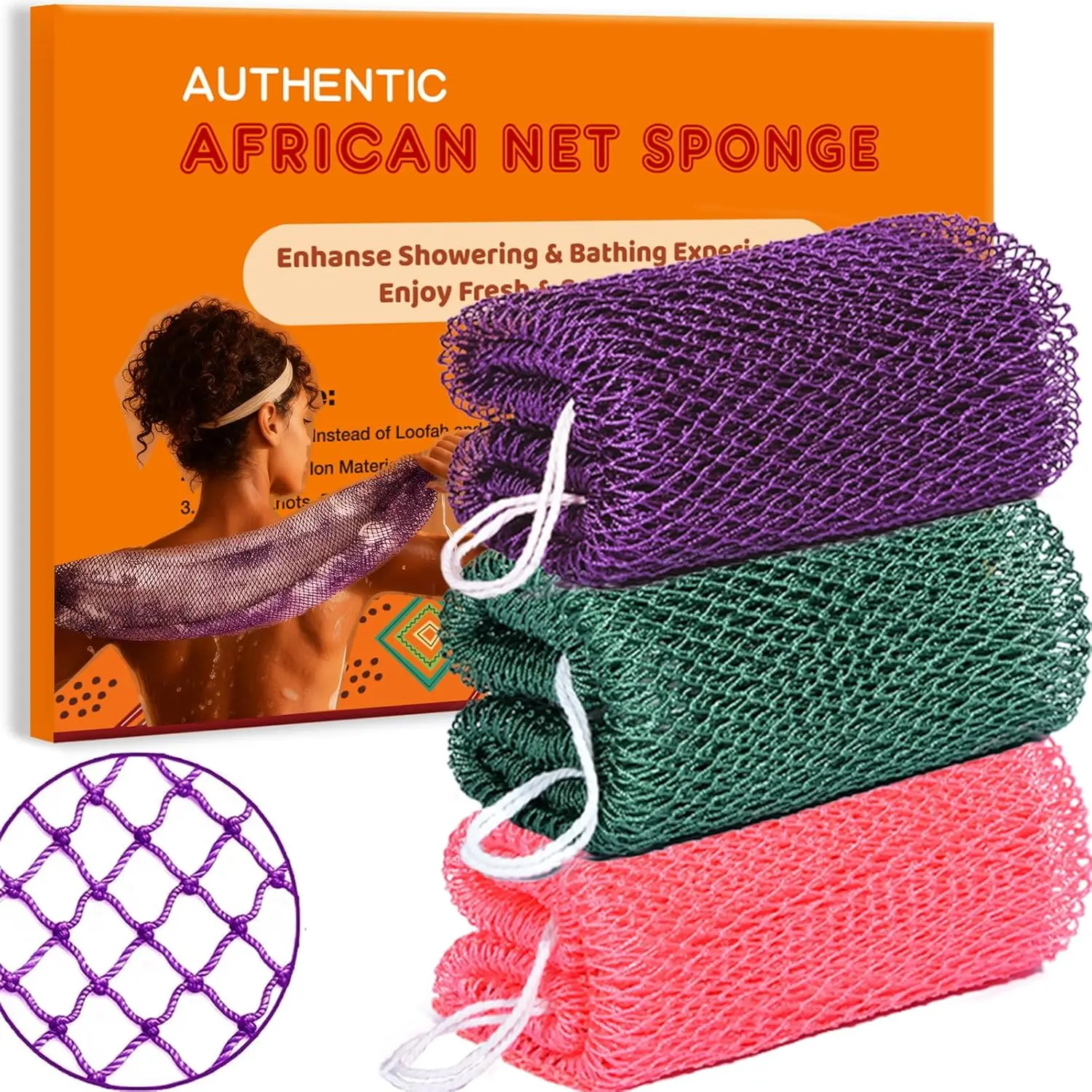 3 Pack African Net Sponge, 46" Exfoliating Body Scrubber & Back Washcloth, Long Nylon Shower Loofah for Deep Cleansing, Dead Skin Exfoliation & Daily Bath