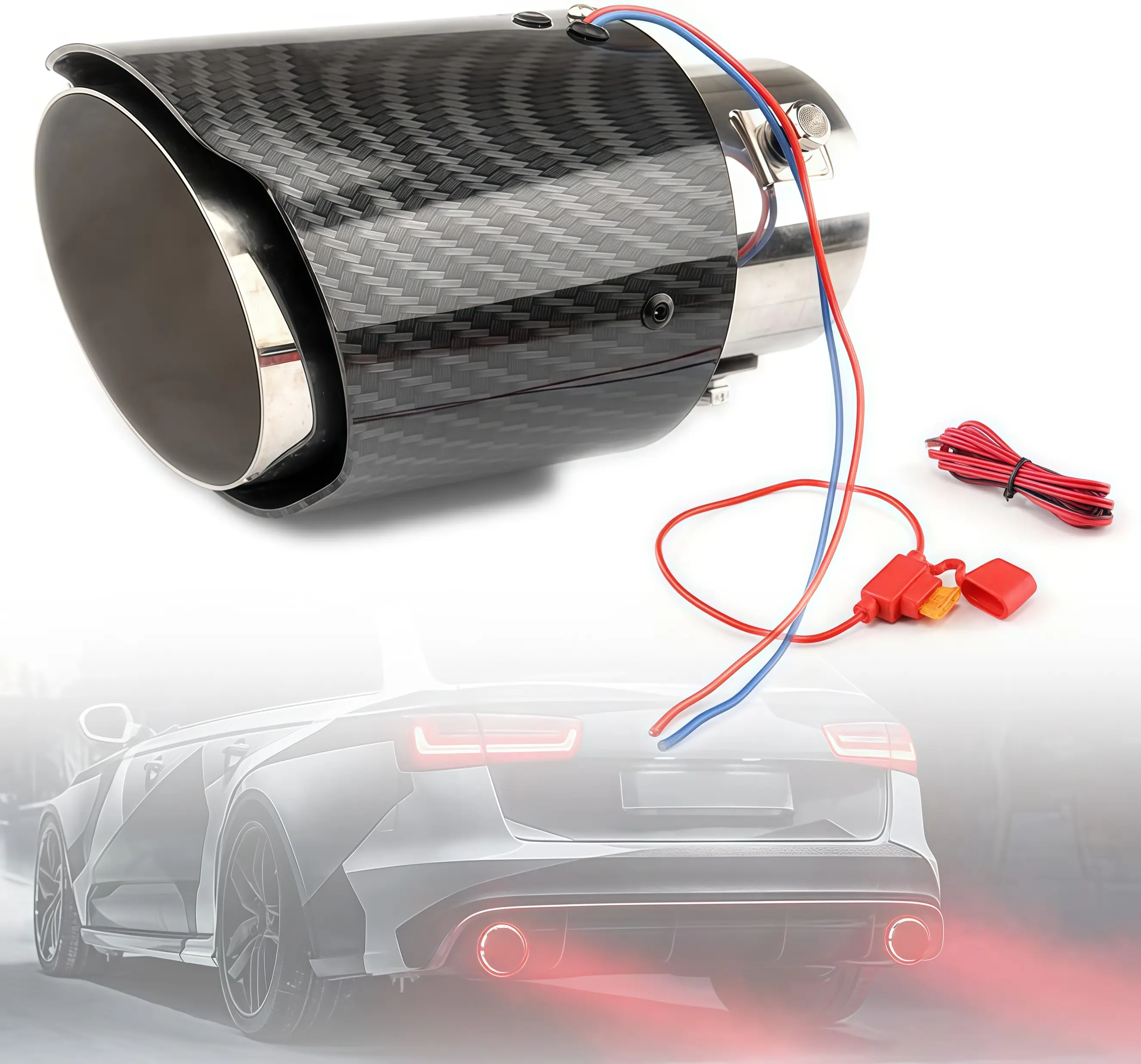 2.25 Inch LED Exhaust Tip Tailpipe Tip 60mm Straight Carbon Fiber Style Bolt Clamp On for Cars HTRACING