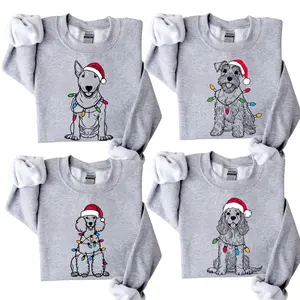 Santa Paws Christmas Light Dog Sweatshirt - Ash Grey Color, 50 Dog Breeds in Festive Santa Hat, Dog Lover Holiday Crewneck Sweater, Holiday Dog Lover Gift For Women and Men