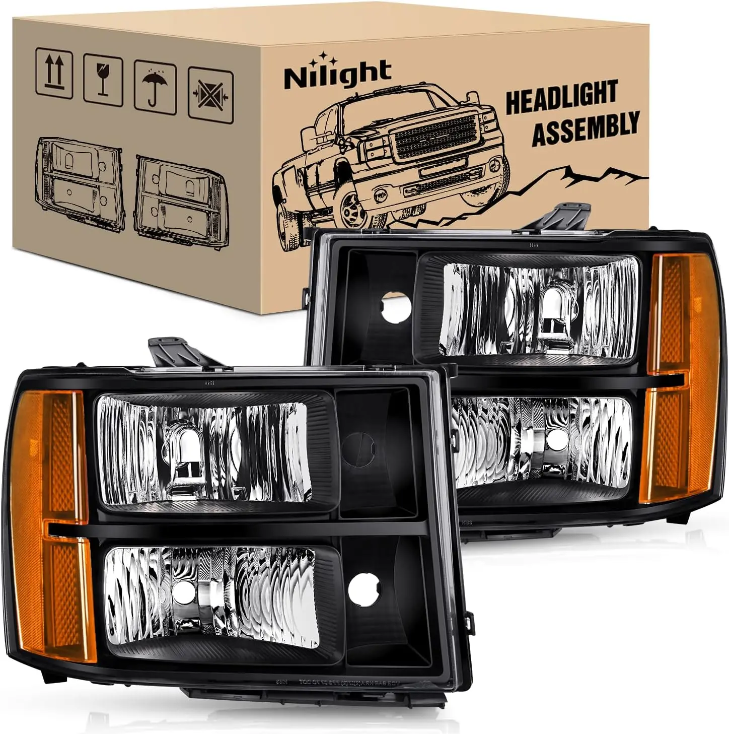 Nilight Car Headlight Assembly - Waterproof Headlight Replacement for 2007, 2008-2013 GMC Sierra 1500, 2008-2014 GMC Sierra 2500 HD/3500 HD, Black Housing, Amber Corner Lens, Headlight Waterproof