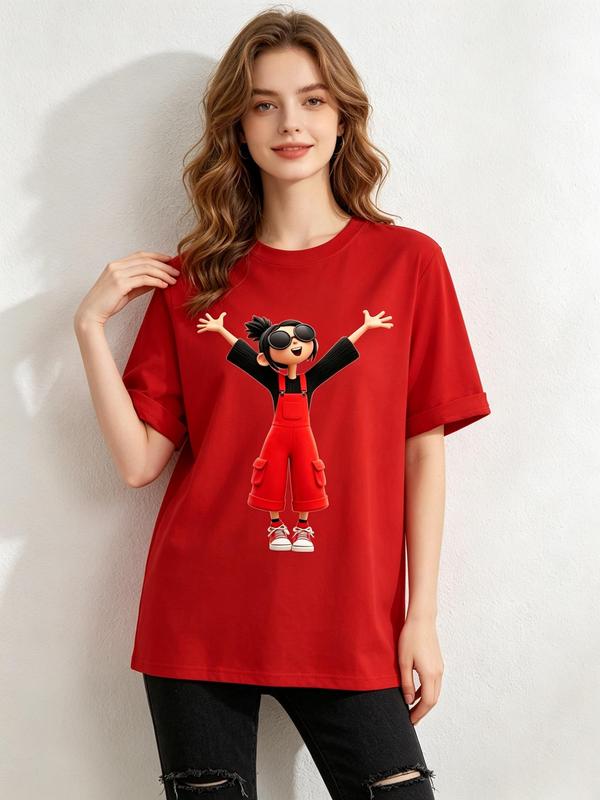 Women's Plus Size 180g Cotton Crew Neck Fitted Short-Sleeve Tshirt - Elastic Fabric, Comfortable Streetwear, Bold Cartoon Graphics, Curve-Fitted, Valentine's Day/Anniversary Top, Business Casual, Color-Sorted Wash, No Bleach, Beach-Ready Sohochic
