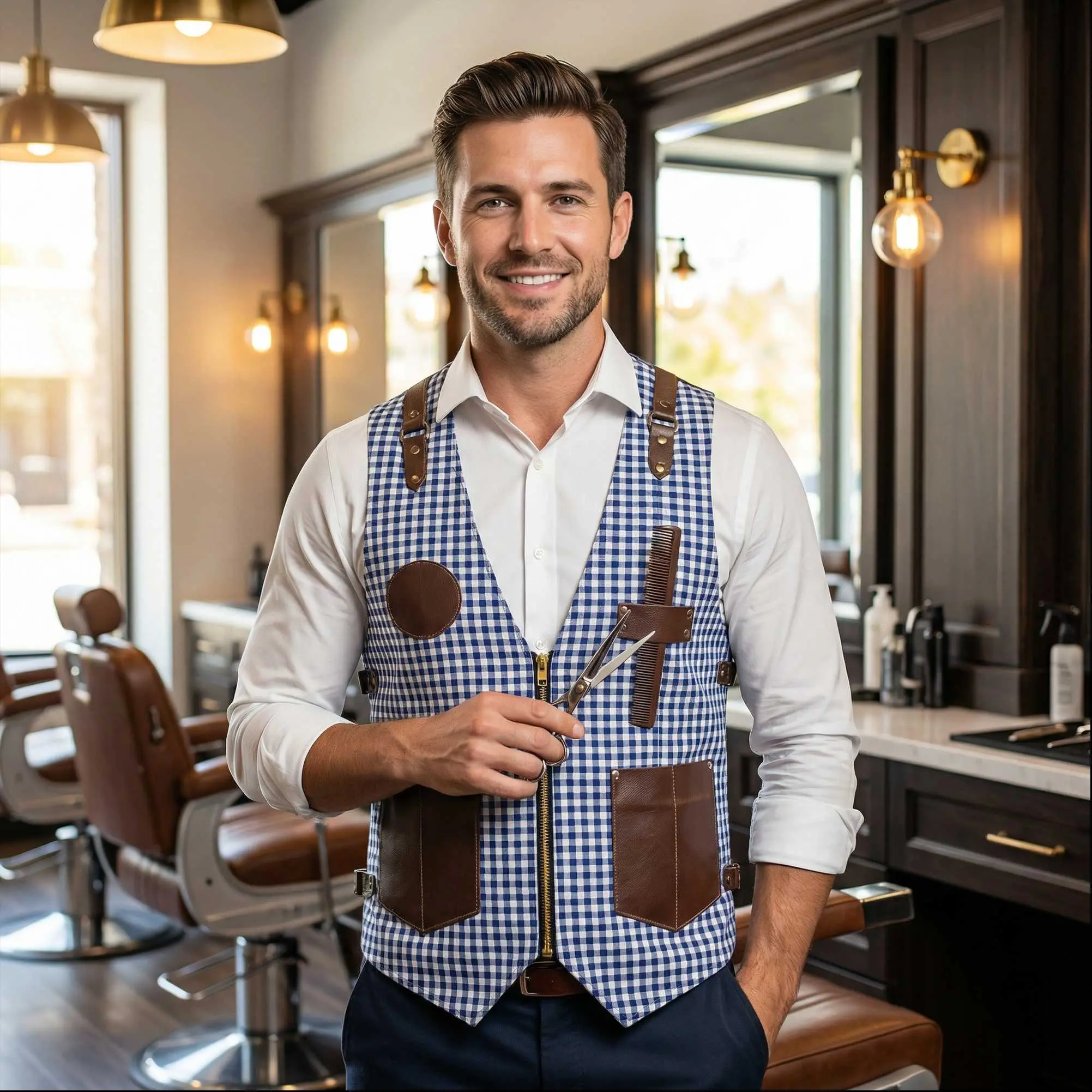 Regale Barber Supply Barber Vest, Professional Checkered Cotton Polyester Uniform with Leather Pockets, Zipper Front & Adjustable Straps, Tops, Sleeveless, Workwear, Menswear, Stylish, V-Neck, 4 Waist-Level Pockets, One-Size-Fit