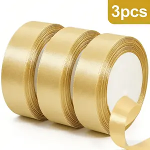 3-Pack Gold Satin Ribbon, 3 Rolls Shiny Metallic Ribbon for Gift Wrapping, DIY Crafts, Wedding Decor, Party Supplies, 1 Inch x 25 Yards Each Roll, Soft and Flexible Ribbon for Bouquets, Hair Bows, Christmas, Birthday, Valentines, Luxury Presentation