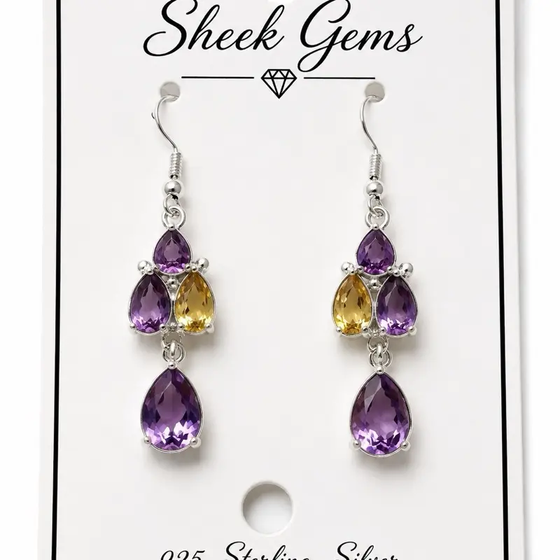 Sterling Silver Amethyst & Citrine Dangle Earrings