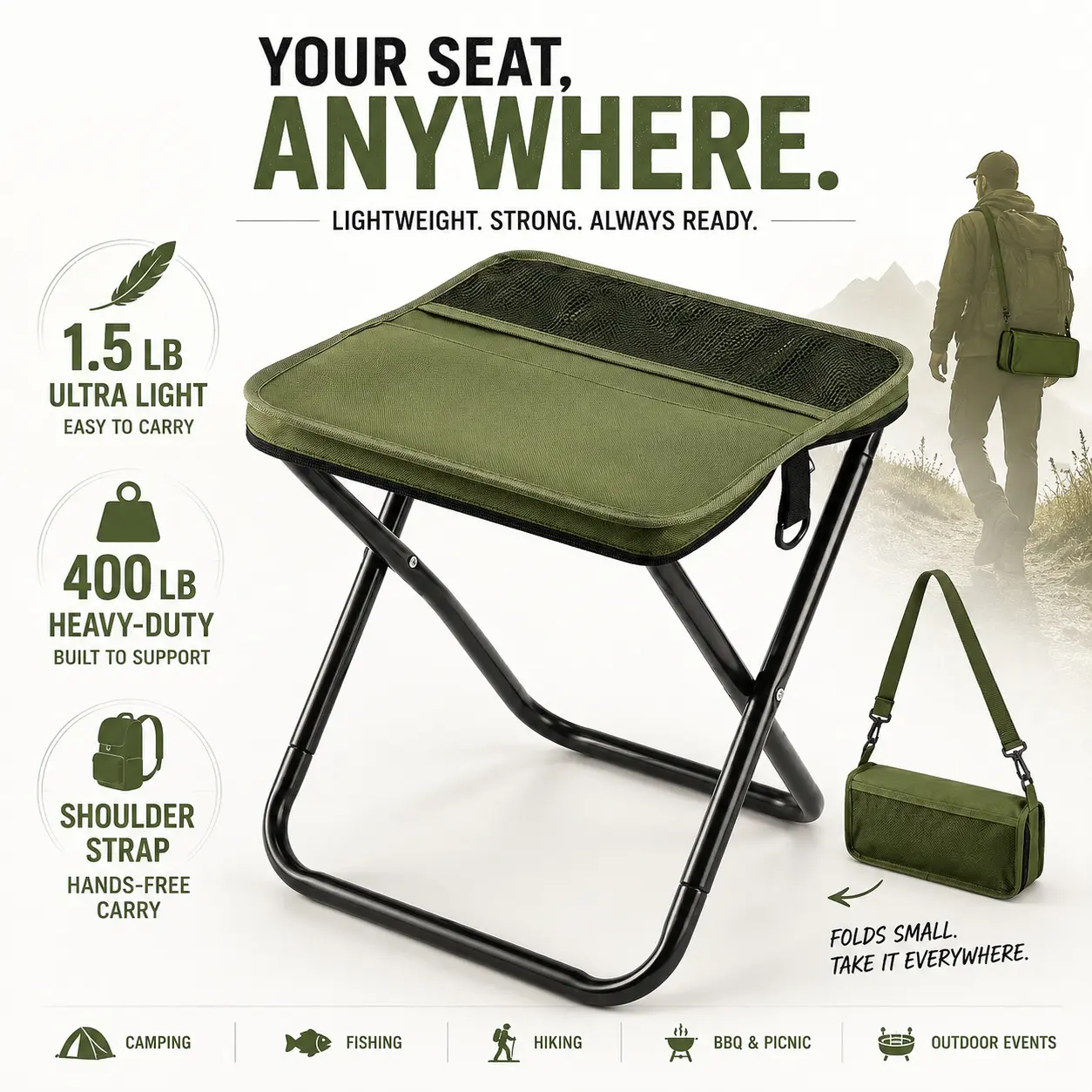 Portable Folding Camping Stool - 1.5LB Lightweight Heavy-Duty Camp Seat with Shoulder Strap, Compact for Hiking/Fishing & Outdoor Activities, Supports Up to 400LB