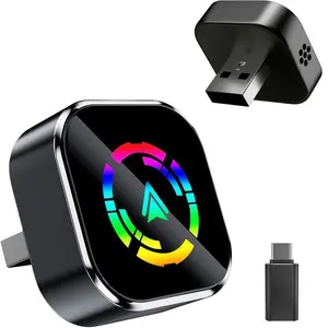 Wireless CarPlay adapter compatible with iPhone and Android, featuring fast connection without delay, hands-free calling, a mini USB car design, and plug-and-play functionality for Apple CarPlay