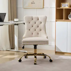 Velvet Home Office Desk Chair with Wheels & Gold Base, Cute Makeup Vanity Chair with Tufted Back for Women Girls, Upholstered Adjustable Swivel Armless Office Chair for Bedroom, Beige