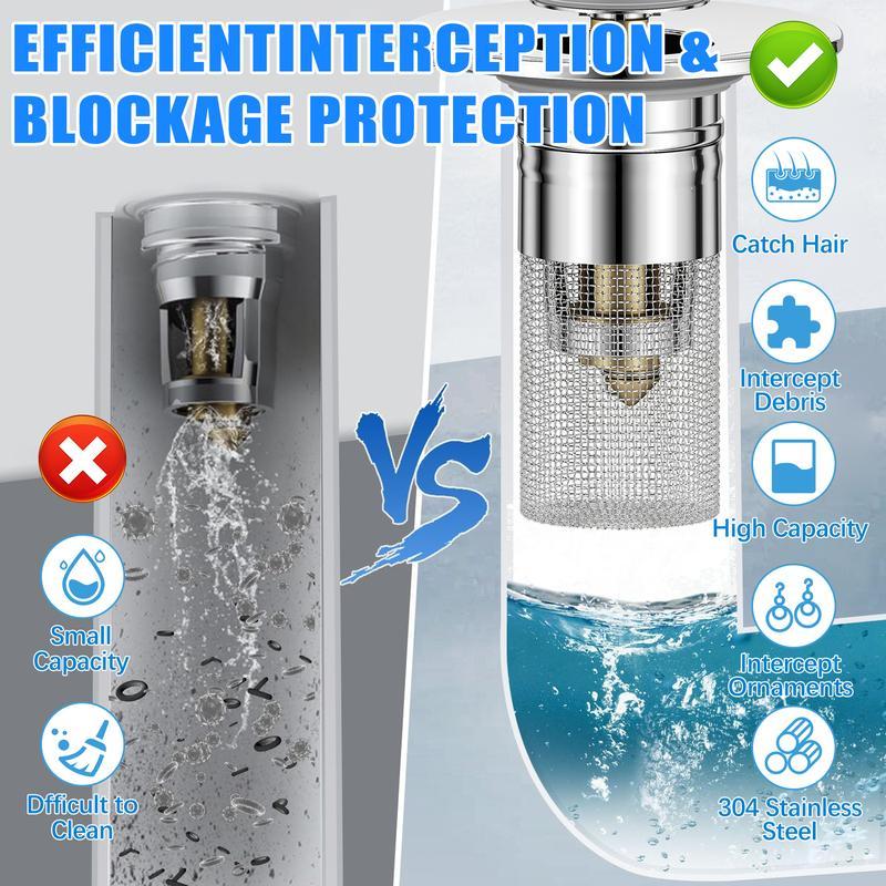 Metal sink filter made of 304 stainless steel-Bathroom Sink Drain Stopper-PopUp Drain with Stainless Steel Filter Basket Hair Catcher, Universal Replacement for 1.1-1.45 Inch Sinks