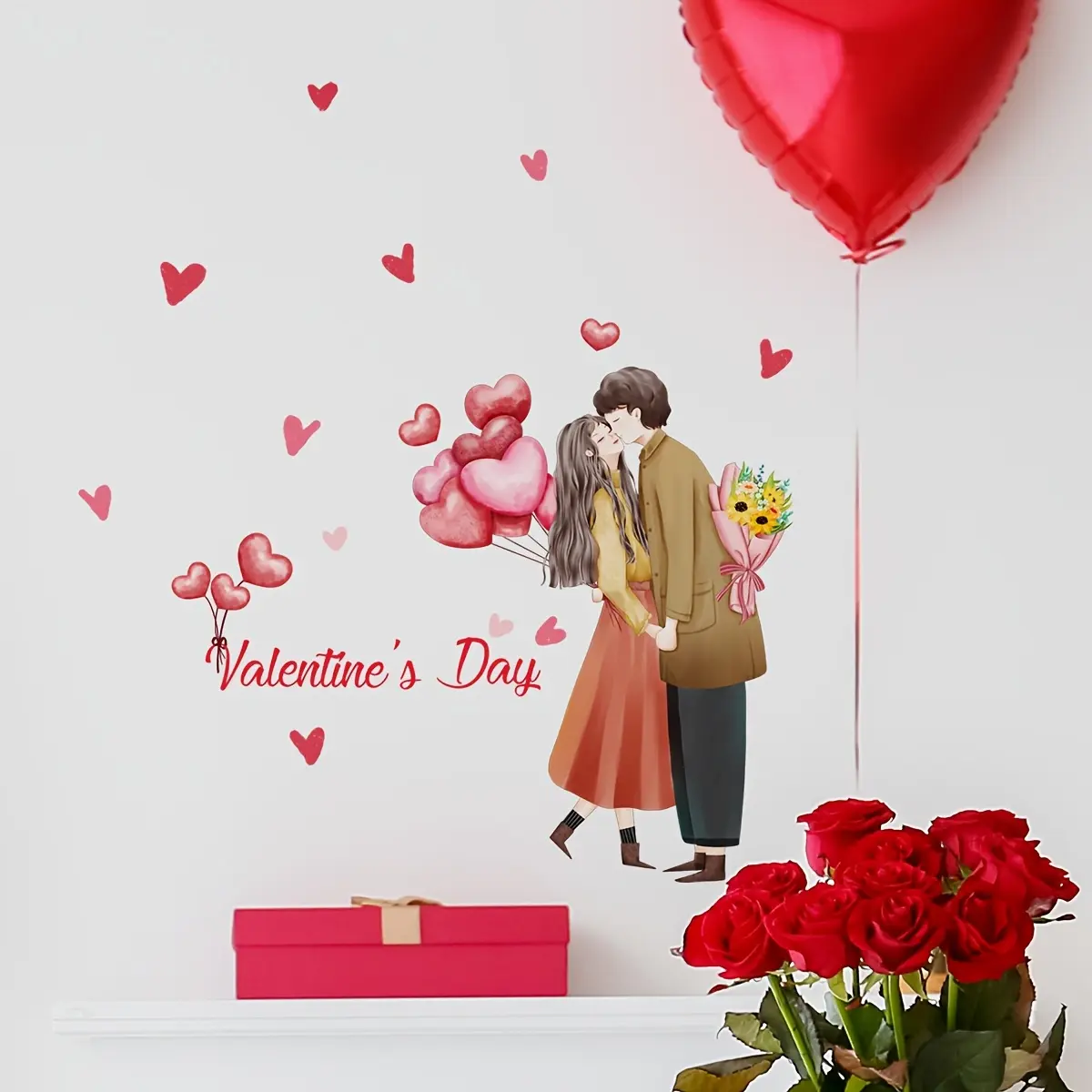 A Valentine's Day couple's love heart flower decorative wall sticker for bathroom decoration, self-adhesive holiday decoration MS1633, Wall Decal, Home Decor, Adhesive Stickers, Adhesive Decals