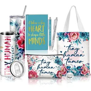 Qinyoung 7 Pcs Teacher Appreciation Gifts for Women, Floral Tiny Human Tamer Gifts for Daycare Preschool Teacher End of Year, 20 oz Tumbler Canvas Tote Makeup Bag Notebook Pens and Keychain(Natural)