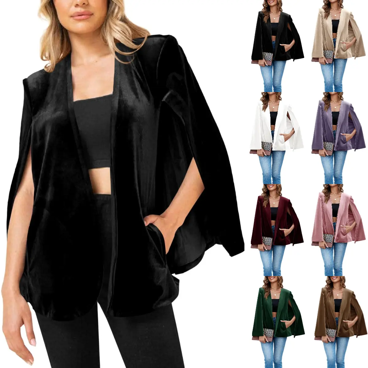 Goranbon Women's Soft Smooth Velvet Cape Blazer Jacket - Formal Cocktail Casual, Open Front, Split Long Sleeve Twist Coat, Elegance