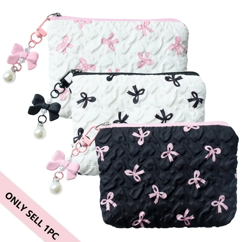 Travel Makeup Bag, Coin Purse, Portable Zipper Pouch, Cosmetic Pouch with Cute Bowknot Keychain Clip, Essential Travel Accessories, Travel Essentials, Travel Cosmetic Bags