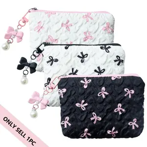 Travel Makeup Bag, Coin Purse, Portable Zipper Pouch, Handheld Cosmetic Pouch, Cute Bowknot Zip Keychain, Essential Travel Accessories, Travel Cosmetic Bags