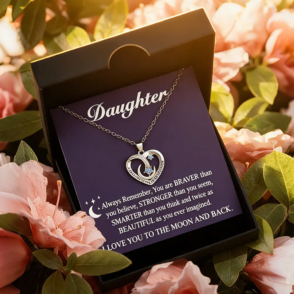 1Pcs“To My Daughter” Stainless Steel Heart Moon Star Pendant Necklace for Daughter - 18th Birthday Coming of Age Gift from Parents with Luxury Gift Box & Greeting Card, Christmas Graduation Present, Special Love Jewelry for Women summerwins