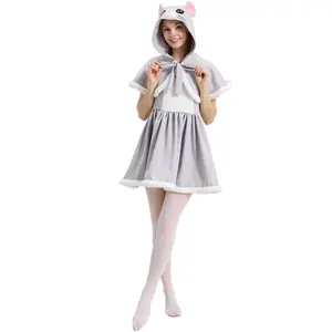 Mouse costume for women and girls: cute animal hooded cape plus dress set with tail; Halloween cosplay outfit made of soft stretch fabric; fancy dress party costume, gray. wingsuit