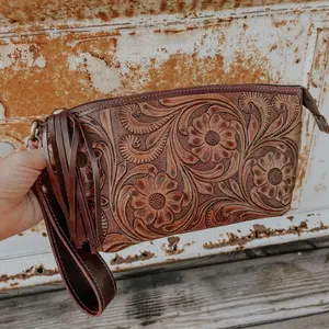 Tooled Leather Wristlet - Toiletry Bag with Floral Tooled Design and Strap for Travel