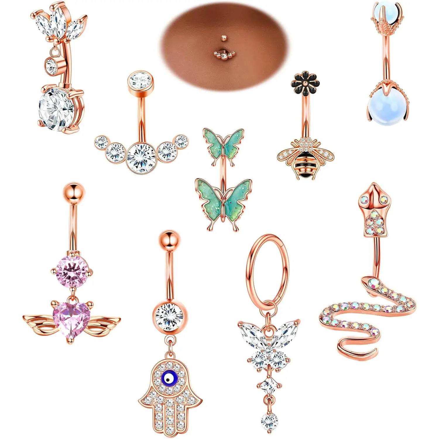 Sanfenly 9Pcs 14G Surgical Stainless Steel Body Jewelry - Rose Gold Rhinestone Belly Button Rings, Multi-Styles (Butterfly, Snake, Evil Eye, Heart) for Women's Body-Safe Piercing Costume Jewelry, Body-Safe Piercing Jewelry