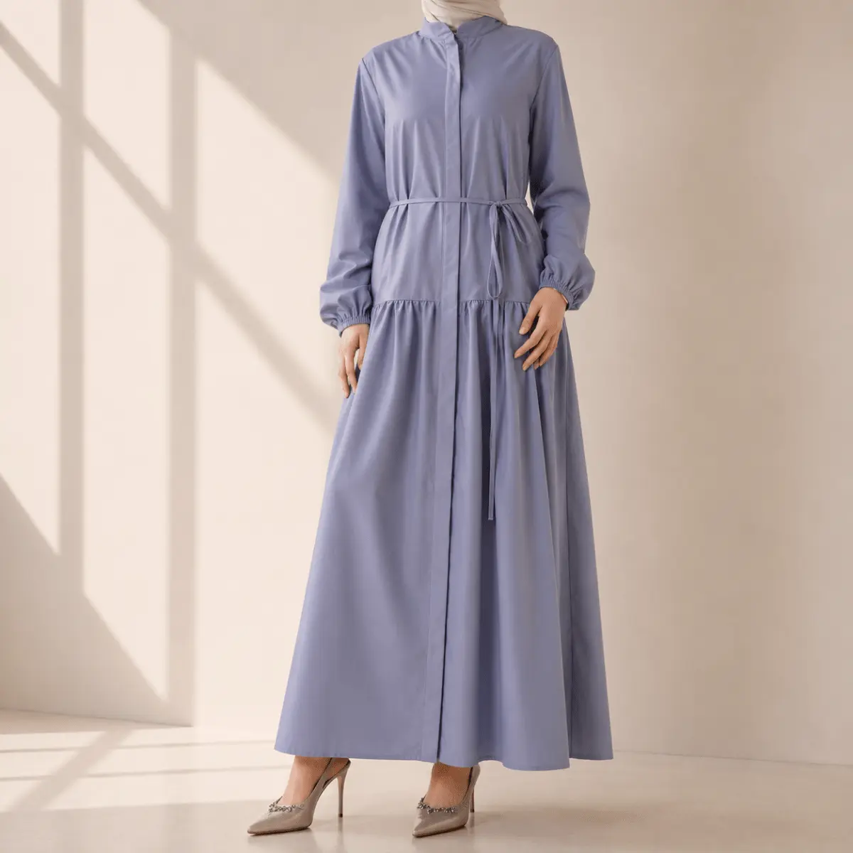 Women's Modal Islamic Belted A-Line Trench Shirt Maxi Dress with Pockets, Adjustable Waist Tie, 4 Versatile Colors (MA422), Long Sleeve Shirt, Business, Relaxed Fit, Maxi Length, A-Line Trench Shirt Dress