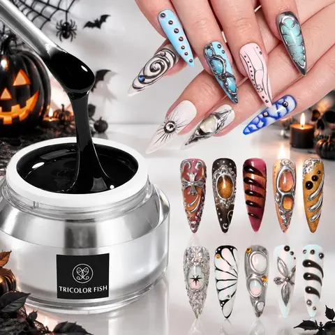 TRICOLOR FISH Black 3D Nail Gel 4-in-1 Nails Supplies, 35g Strong Hold Adhesive-Top Coat, Extra Shine with Magic Mirror Powder, For 3D Rhinestones/Pendants, Requires Use With Lamp