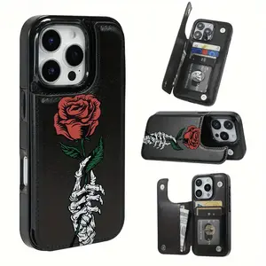 Skull flower pattern, with card slots, suitable for bank and transportation cards, photo TPU mobile phone case, suitable for iPhone 17 16 15 14 13 12, Samsung and other series models, can be given as a gift to friends or family