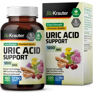 BioKrauter Uric Acid Support Supplement 1200mg - 100 Vegan Capsules for Healthy Levels - Extra Strength Premium Quality Healthcare Edible Dietary Fitness