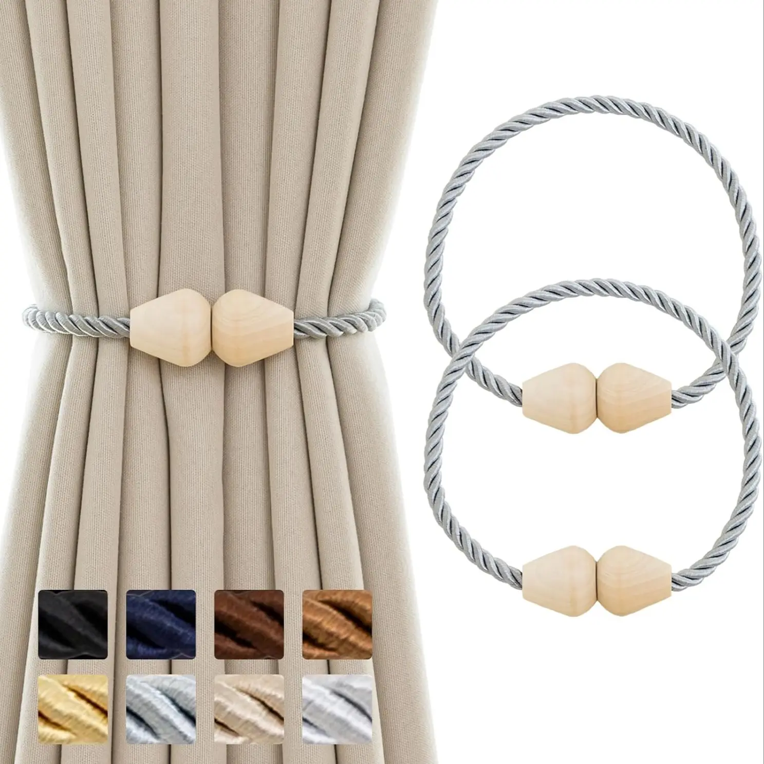 Handmade Wooden Curtain Tiebacks Set of 2, Rope Window Decorations, Fashionable Home Decoration Accessories for Curtains, Interior Decoration Accessories