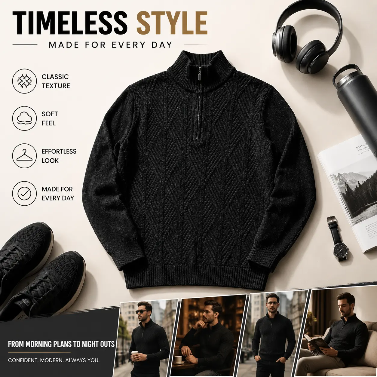 Men’s textured half-zip stand collar sweater, casual warm knit pullover long-sleeve top, versatile for everyday wear