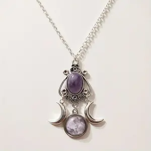 Triple Moon Goddess Amethyst Pendant Necklace – Unique Bohemian Women’s Gift Cross Necklace