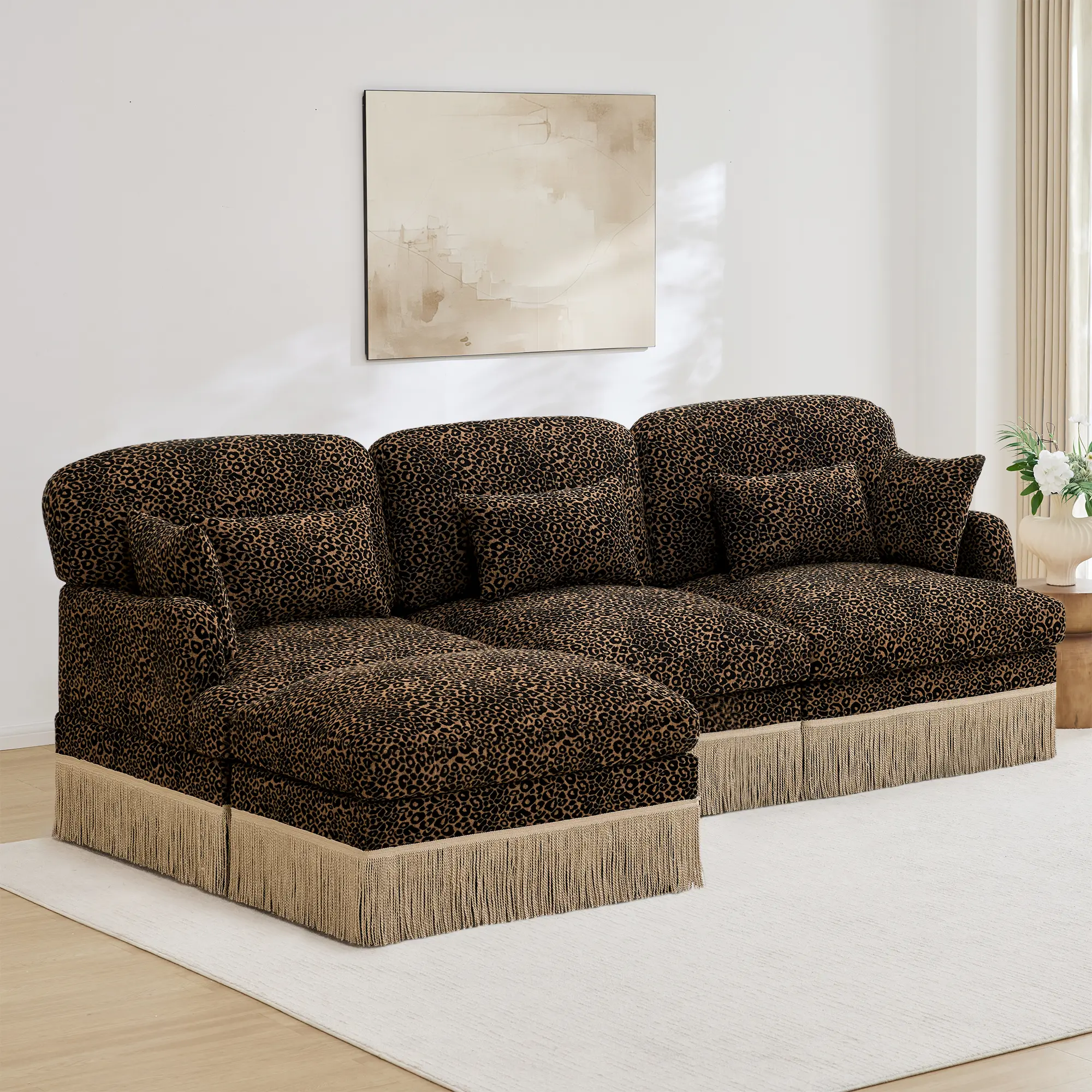 100" Modern Leopard Print Chenille Sofa with Tassel Edge & Movable Ottoman, L-Shaped Sectional Couch with Ergonomic Back & Deep Seat for Living Room