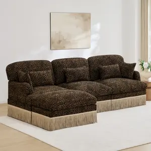 100" Modern Leopard Print Chenille Sofa with Tassel Edge & Movable Ottoman, L-Shaped Sectional Couch with Ergonomic Back & Deep Seat for Living Room