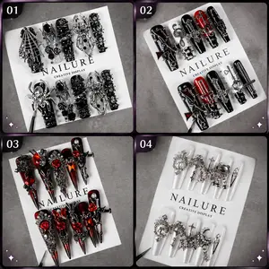 Purely handmade Gothic press-on nails — black-and-red crystal nail set featuring delicate pendants and pearl embellishments; handcrafted long false nails, Christmas limited edition
