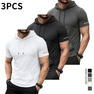 3-piece set: men’s hooded sports T-shirt, summer casual wear, workout apparel—an ideal choice for outdoor activities; suitable for gym workouts, running, training, and everyday wear.