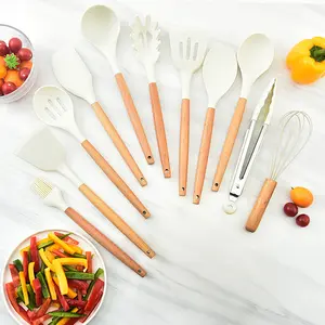 Eco-Friendly 15-Piece Beechwood Silicone Kitchen Utensil Set Non-Toxic Dishwasher Safe Heat-Resistant Easy-to-Clean Tools for Cookware Protection with Cutter