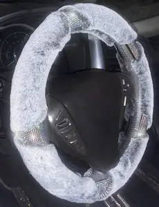 Fluffy Ultra Bling Women Steering Wheel Cover for car, 15 Inch Universal White Crystal Rhinestone Diamond Bling