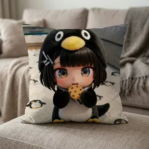 1PC GUGUGAGA Cute Throw Pillow Cover | Healing & Stress-Relief Penguin Girl Decor for Home Living Room Bedroom Sofa Couch 0326YG